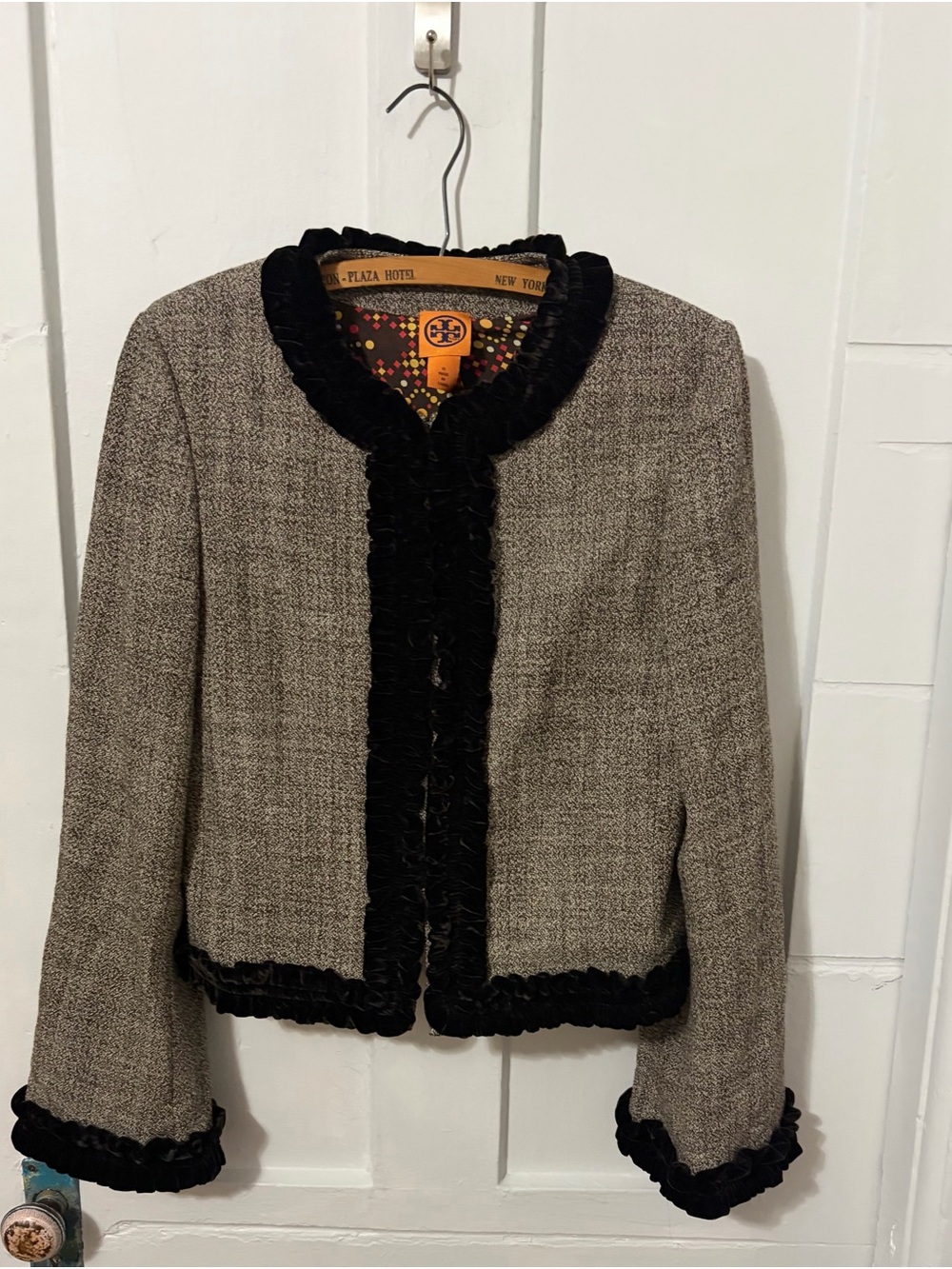 TORY BURCH brown tweed velvet trimmed blazer